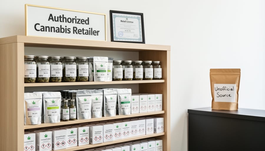 Sealed cannabis product containers displayed on a Canadian retail shelf.