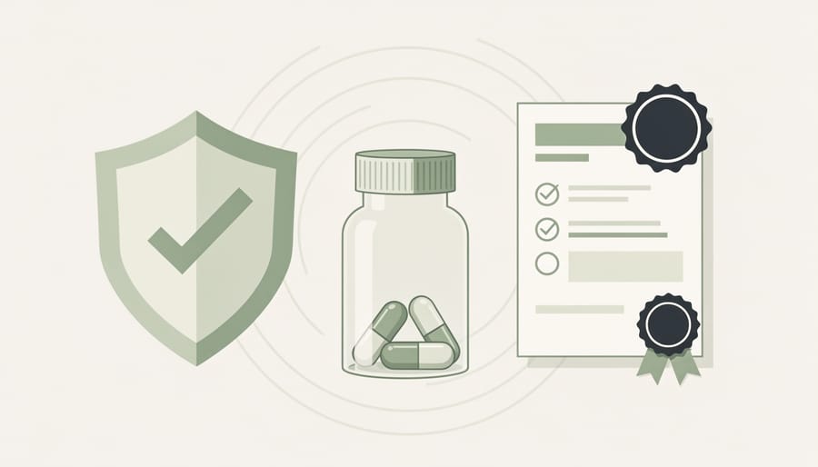 Sealed CBD capsule bottle on a workbench with compliance-related tools nearby.