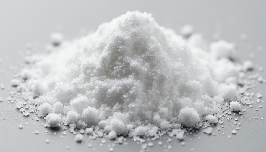 Close-up of crystalline CBD isolate powder in a metal scoop on a dark surface.