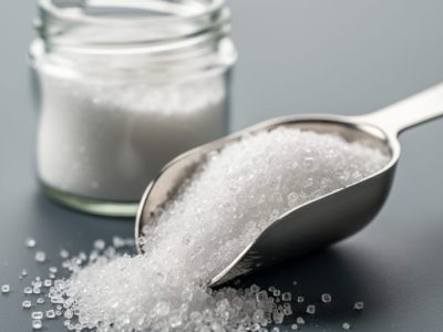 Close-up of crystalline CBD isolate powder in a stainless-steel scoop with a glass jar of powder blurred in the background.