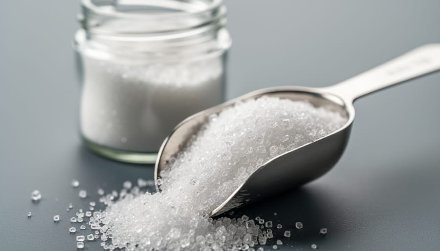 Close-up of crystalline CBD isolate powder in a stainless-steel scoop with a glass jar of powder blurred in the background.