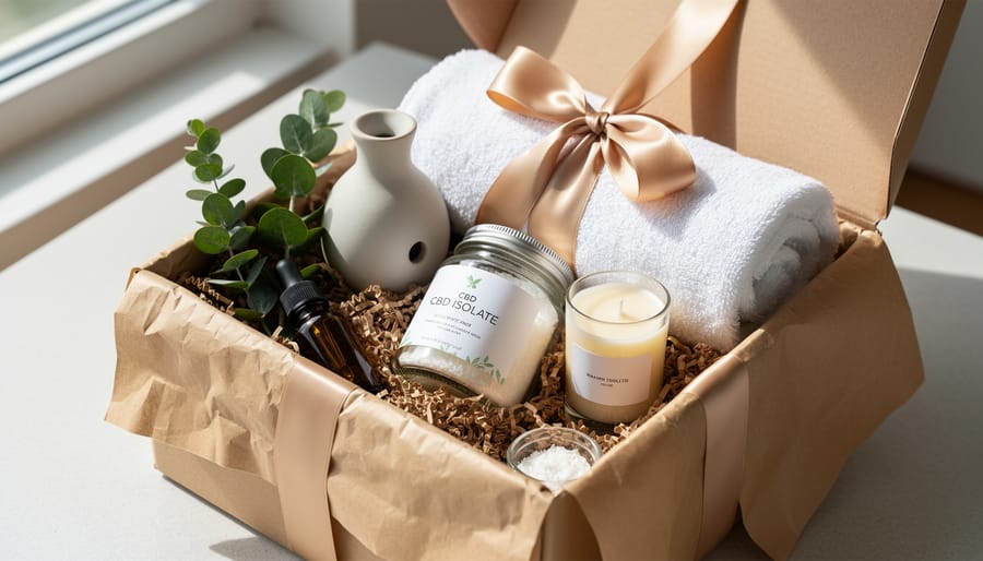 Christmas gift basket with vaping starter kit and small jars of CBD isolate on a wooden table.