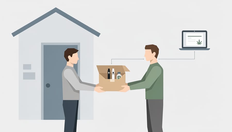 Sealed parcel being placed into a mailbox by gloved hands in a residential entryway