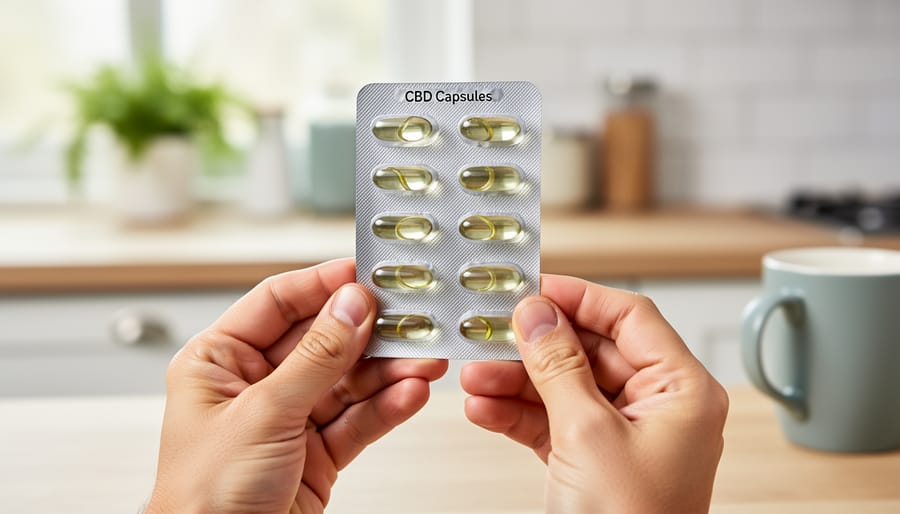 Hands holding a blister pack of CBD capsules on a clean countertop.