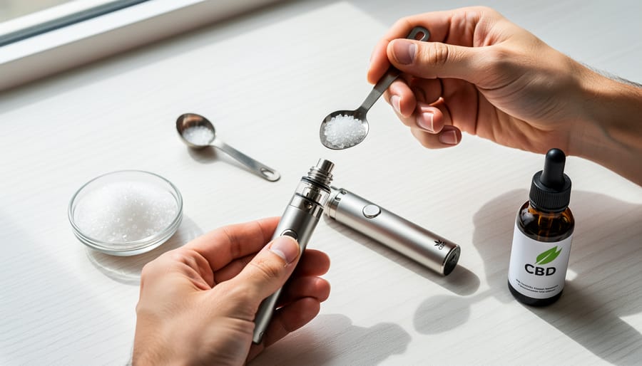 Hands preparing a refillable vape pen with CBD isolate in a clear mixing chamber.