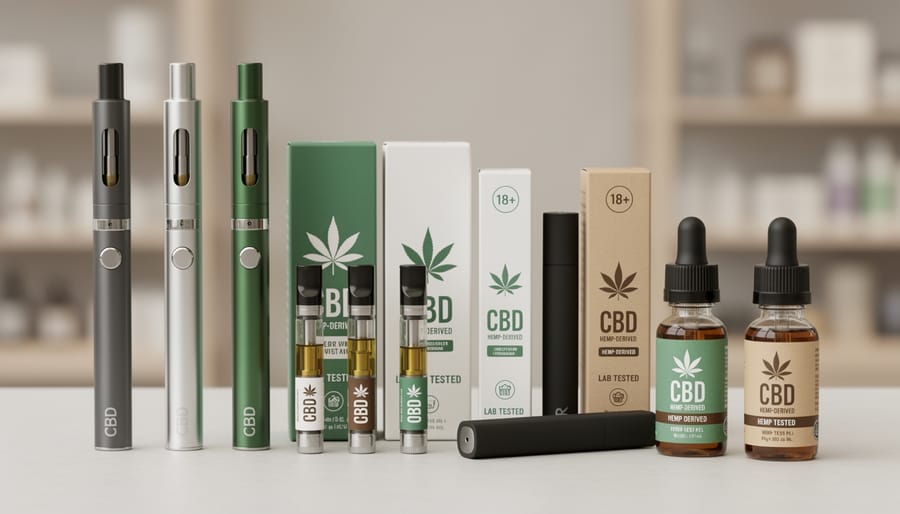Assorted hemp-derived CBD vape products and accessories displayed on a wooden table