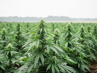 Close view of vibrant green hemp plants growing in a Canadian field, with tall stalks and dense leaves under soft daylight.
