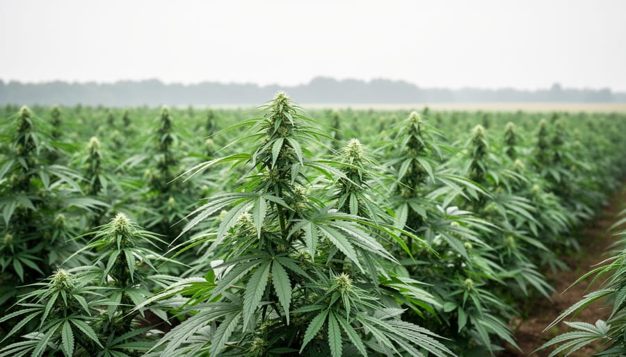 Close view of vibrant green hemp plants growing in a Canadian field, with tall stalks and dense leaves under soft daylight.