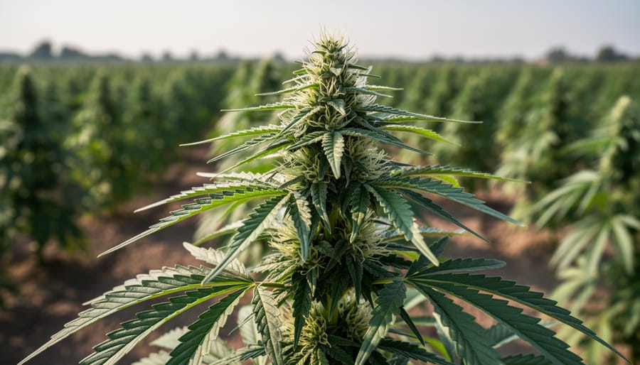 Close view of hemp plants growing in a field with lush green leaves
