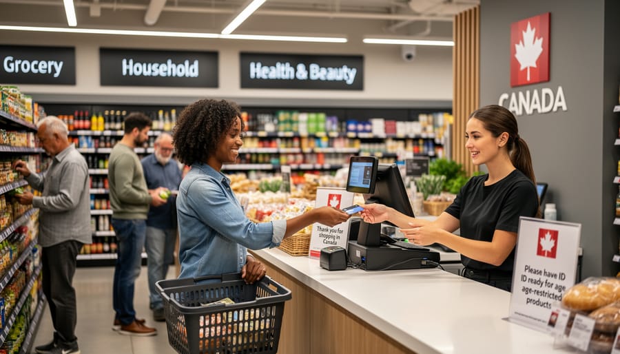 Adult hands holding a hemp-derived CBD vape product at an in-store checkout counter