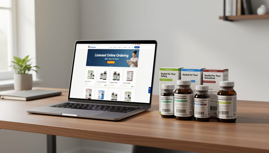 A person packing a sealed CBD capsule bottle with a laptop nearby in a home office.