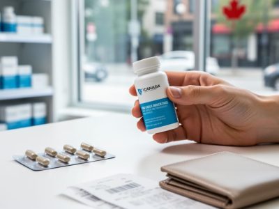 Close-up of a hand holding a CBD capsule bottle and blister pack in a modern Canadian retail environment.