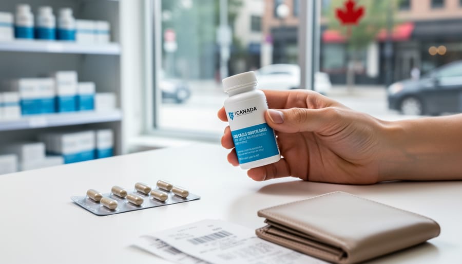 Close-up of a hand holding a CBD capsule bottle and blister pack in a modern Canadian retail environment.