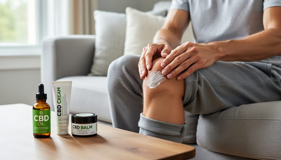 An older adult holding their sore knee with CBD oil dropper and topical cream on a table nearby