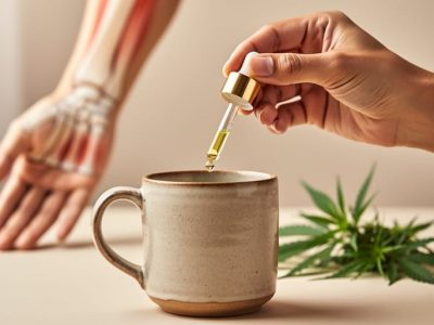 A close-up of a hand holding a CBD oil dropper bottle with hemp leaves and a neutral wellness background suggesting joint comfort.