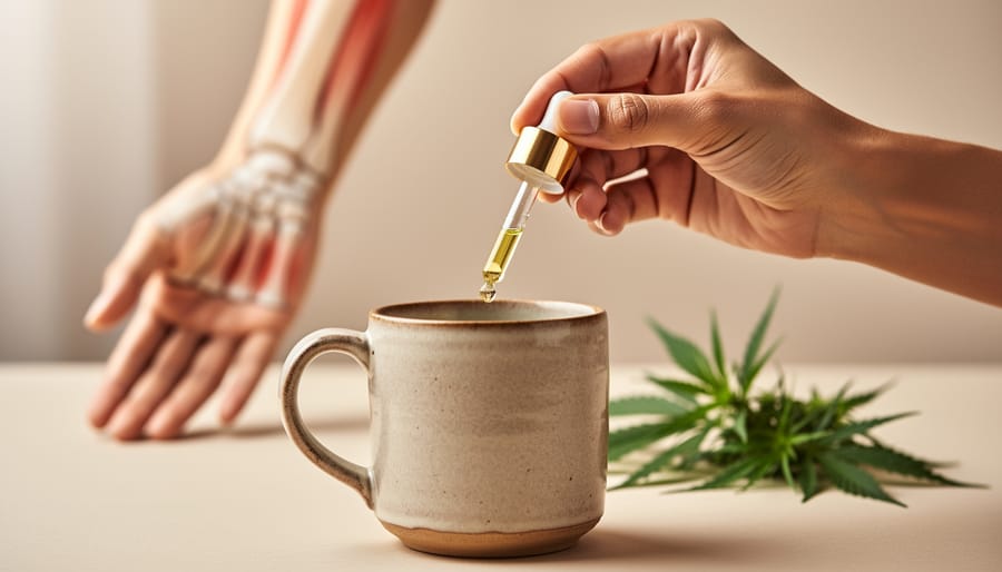 A close-up of a hand holding a CBD oil dropper bottle with hemp leaves and a neutral wellness background suggesting joint comfort.