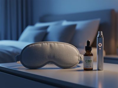 A sleep mask and CBD tincture bottle on a nightstand in a dim, calming bedroom with soft warm and blue lighting.