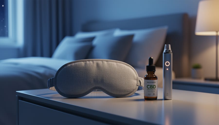 A sleep mask and CBD tincture bottle on a nightstand in a dim, calming bedroom with soft warm and blue lighting.