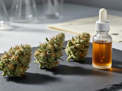 Close-up of three CBD hemp flower buds with amber CBD oil in a small dropper bottle on a dark slate surface, with a blurred lab bench background.