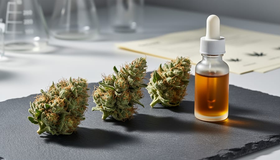 Close-up of three CBD hemp flower buds with amber CBD oil in a small dropper bottle on a dark slate surface, with a blurred lab bench background.