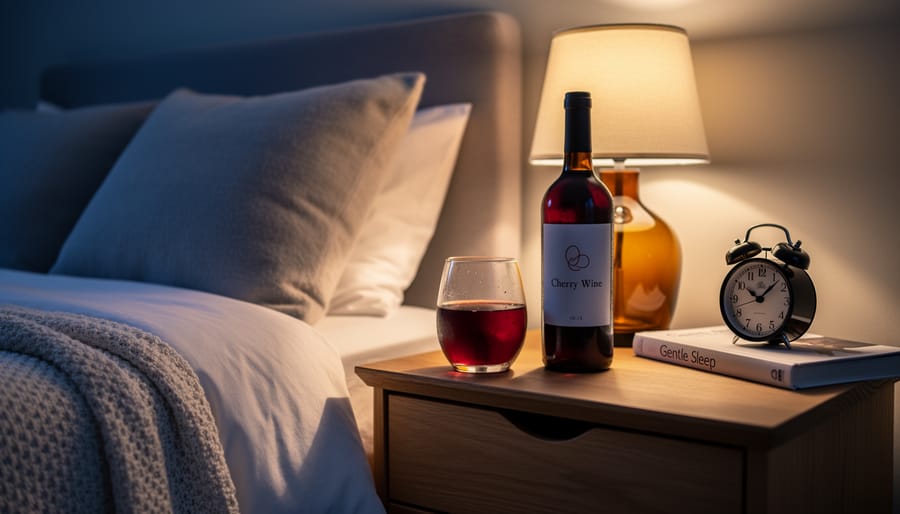 Cherry Wine CBD flower on a nightstand with water and soft pre-dawn lighting