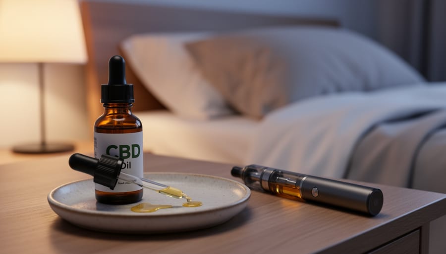 Close-up of a CBD vape mouthpiece and dropper tip on a dark wooden surface