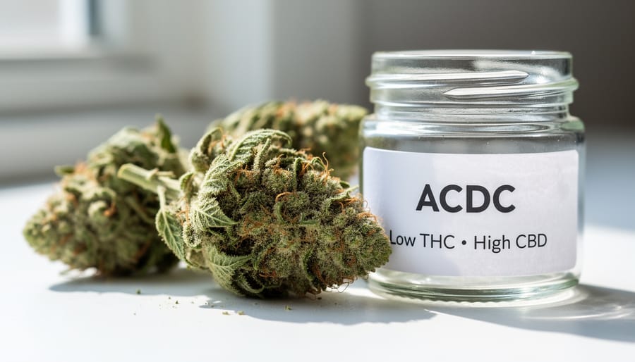 Close-up of ACDC CBD flower in a clear dish with magnifying lens and notebook