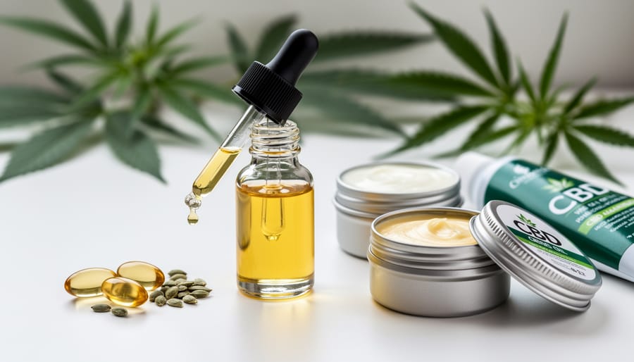 Close-up of CBD oil drops from a dropper bottle beside hemp seed pods and cream