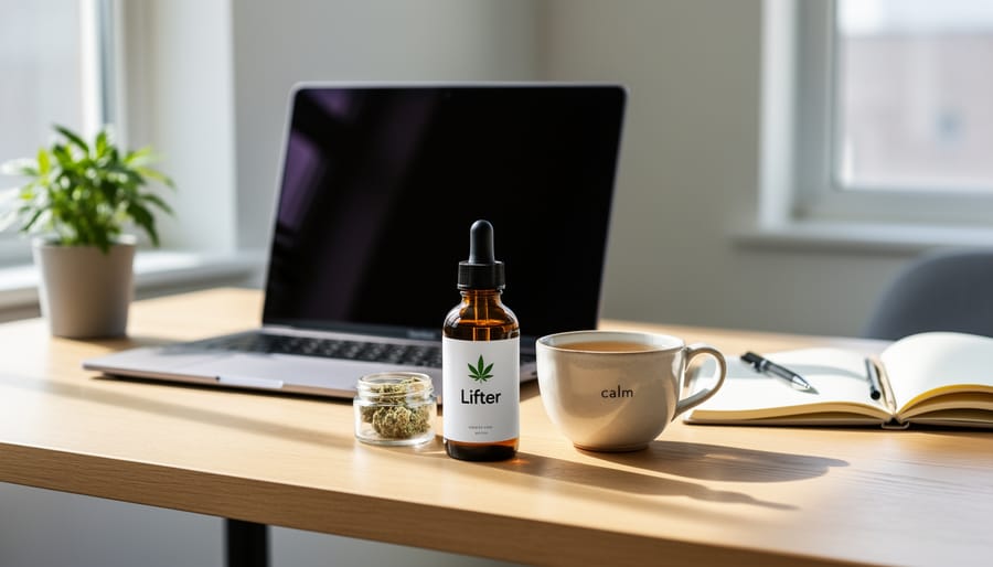 Close-up of Lifter CBD flower on a desk with notebook and pen