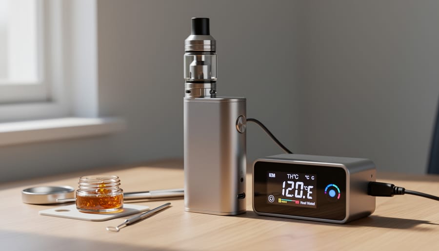 Dry herb vaporizer on a countertop with accessories in the background