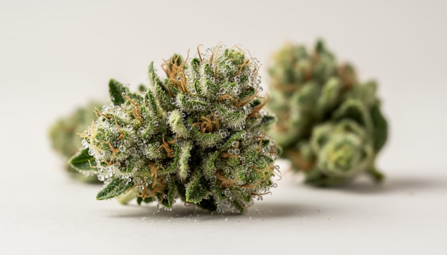 Macro close-up of raw cannabis flower buds with visible trichomes and sticky crystals
