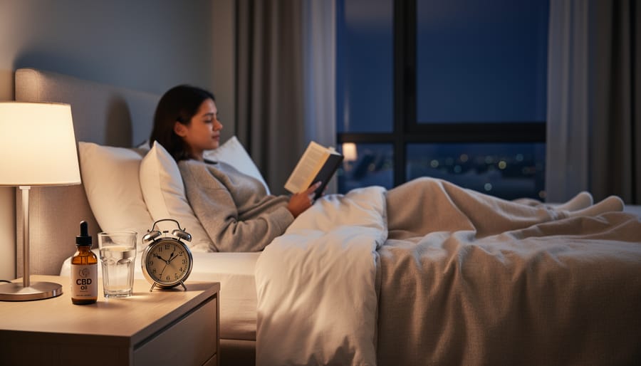 Person resting in bed with a small CBD oil bottle on the nightstand in warm bedside lighting