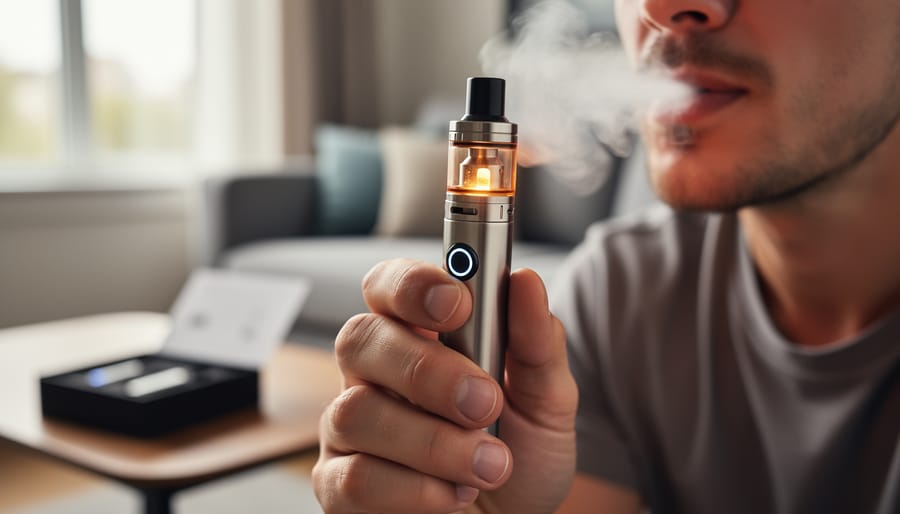 Person vaping on a balcony with vapor drifting in warm golden light