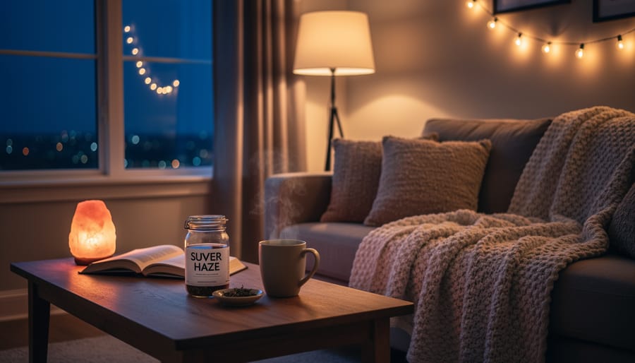 Suver Haze CBD flower and herbal tea on a coffee table in warm evening lighting