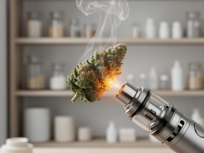Close-up of a vape pen coil heating raw cannabis flower with vapor rising, illustrating the heat-activated decarboxylation process for THCa.