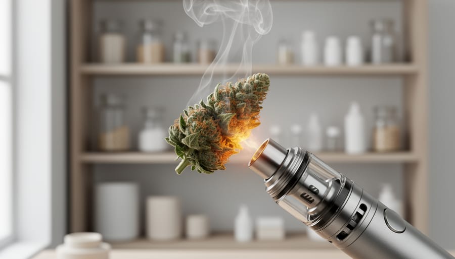 Close-up of a vape pen coil heating raw cannabis flower with vapor rising, illustrating the heat-activated decarboxylation process for THCa.