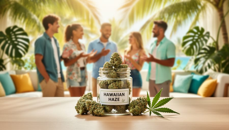 Tropical travel-themed scene with Hawaiian Haze CBD flower container in warm sunlight