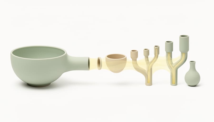 Text-free metaphor image with ceramic gallbladder-like and funnel-like objects on a clinical countertop with medical items nearby.