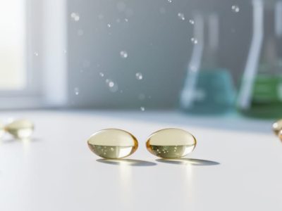 Close-up of CBD gel capsules on a clean white background with soft, diffused lighting and a blurred wellness-themed backdrop.
