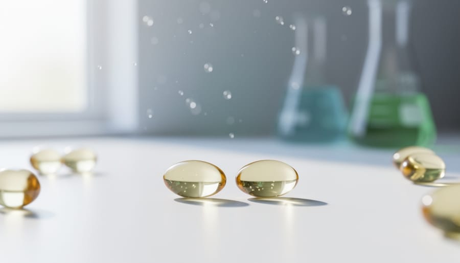 Close-up of CBD gel capsules on a clean white background with soft, diffused lighting and a blurred wellness-themed backdrop.