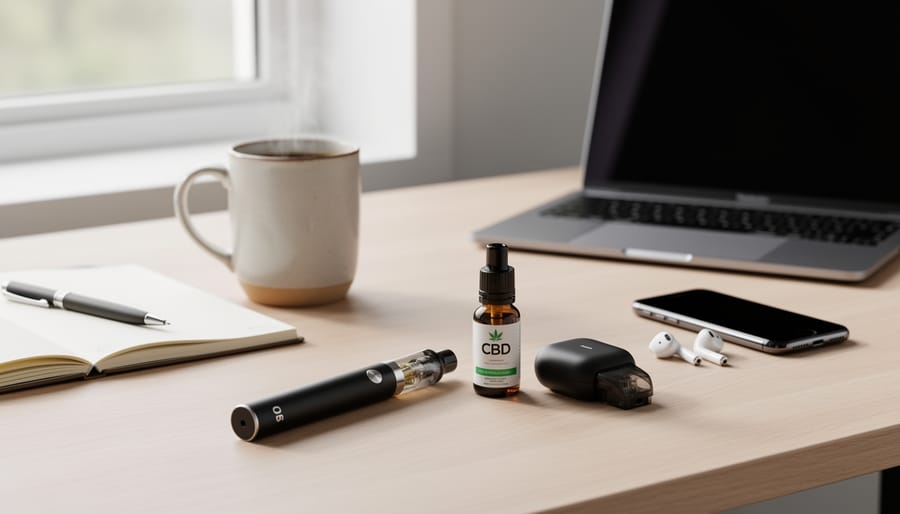Person holding a CBD vape disposable next to a CBD dropper bottle on a clean desk