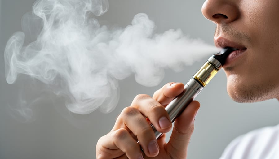 Close-up of vapor rising from a vape device next to a small amber vial