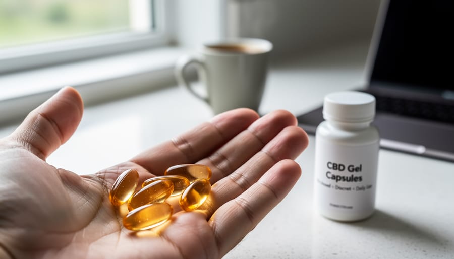 Hand holding a bottle of CBD gel capsules with a few capsules visible in the palm