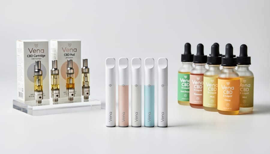 Disposable vape, cartridge system, and e-liquid bottle arranged on a dark surface