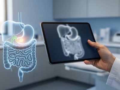 “Clinician holding a tablet in a clinic setting with a label-free highlighted visualization of the digestive tract emphasizing the common bile duct area.”