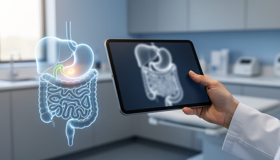 “Clinician holding a tablet in a clinic setting with a label-free highlighted visualization of the digestive tract emphasizing the common bile duct area.”