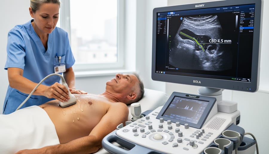 Radiology ultrasound in a clinical room showing a clinician holding an ultrasound probe against a patient’s upper abdomen area.