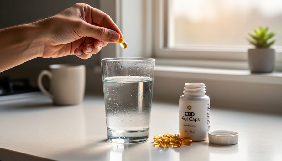 Person taking a CBD gel capsule with water at a kitchen table