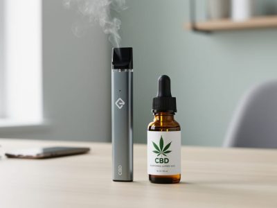 A CBD vape disposable pen placed next to a CBD oil dropper bottle on a clean desk with a faint vapor haze.