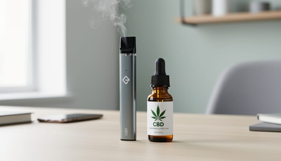 A CBD vape disposable pen placed next to a CBD oil dropper bottle on a clean desk with a faint vapor haze.